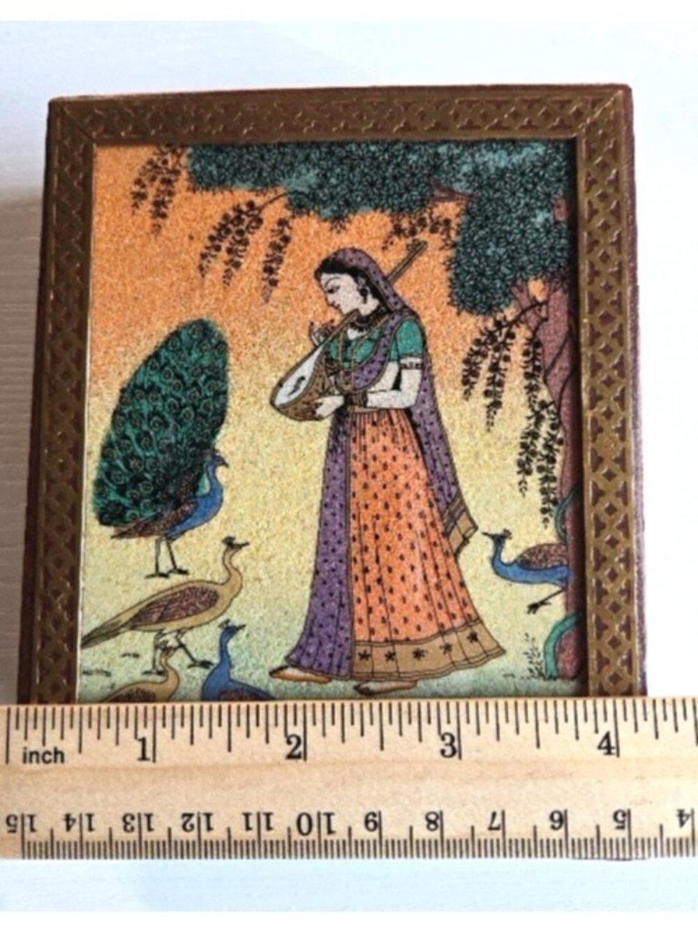 Handmade Indian Shisham Peacock's Lady Wood Trinket Box w/Red Fabric Lining - Picture 4 of 9